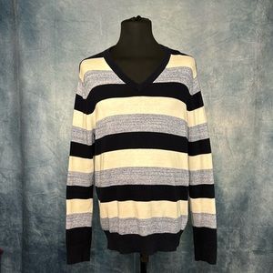 Express Men's Heather Blue White Striped V-Neck Sweater Size Large